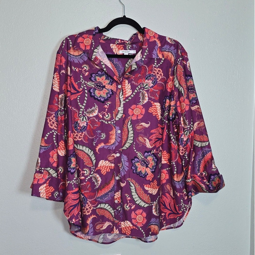Chicos Purple Floral Paisley Blouse Size 3.5 XL 18 Cotton Stretch 3/4 Sleeve Top